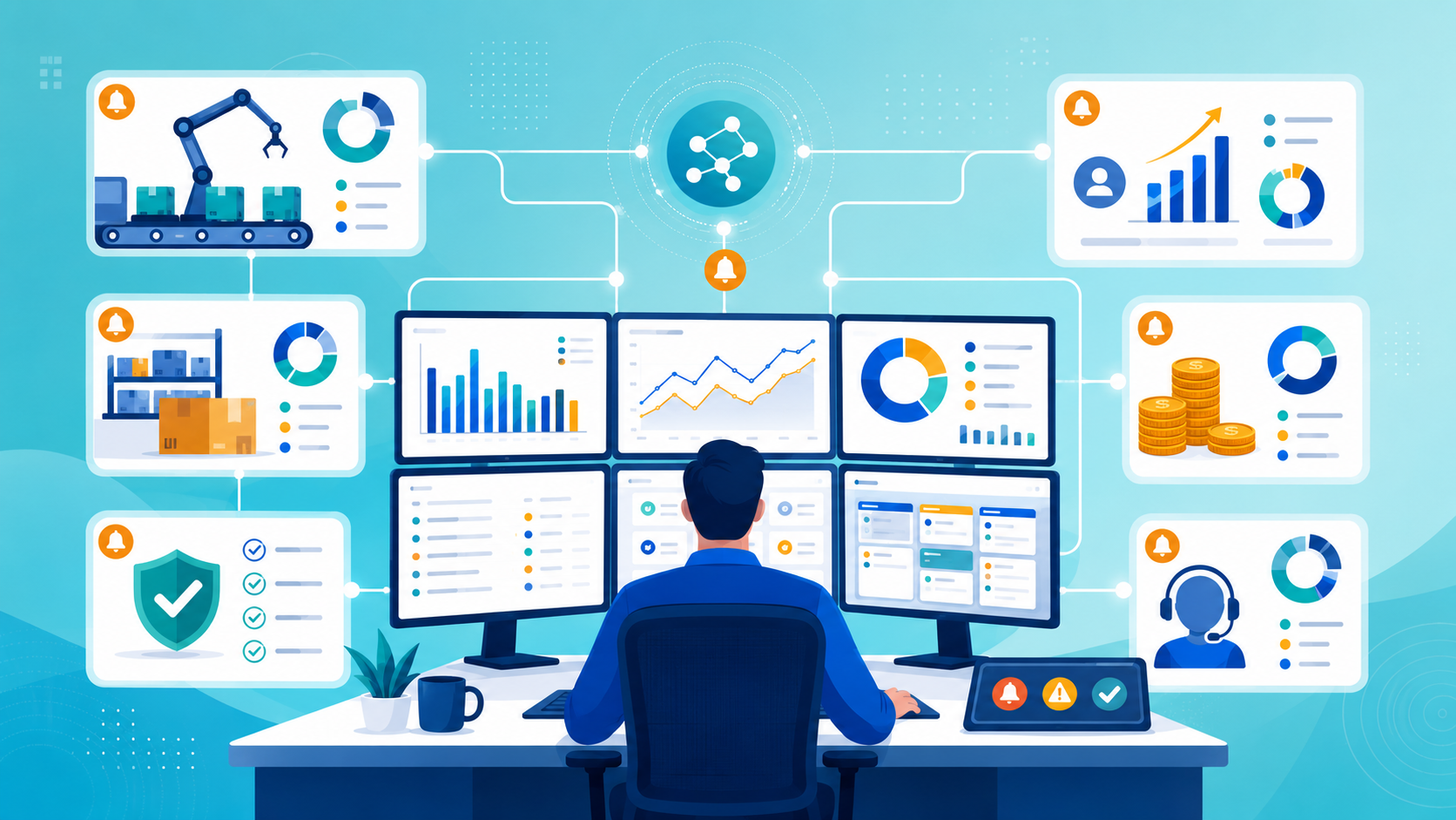 Central visual control dashboard connecting workflows and alerts across departments