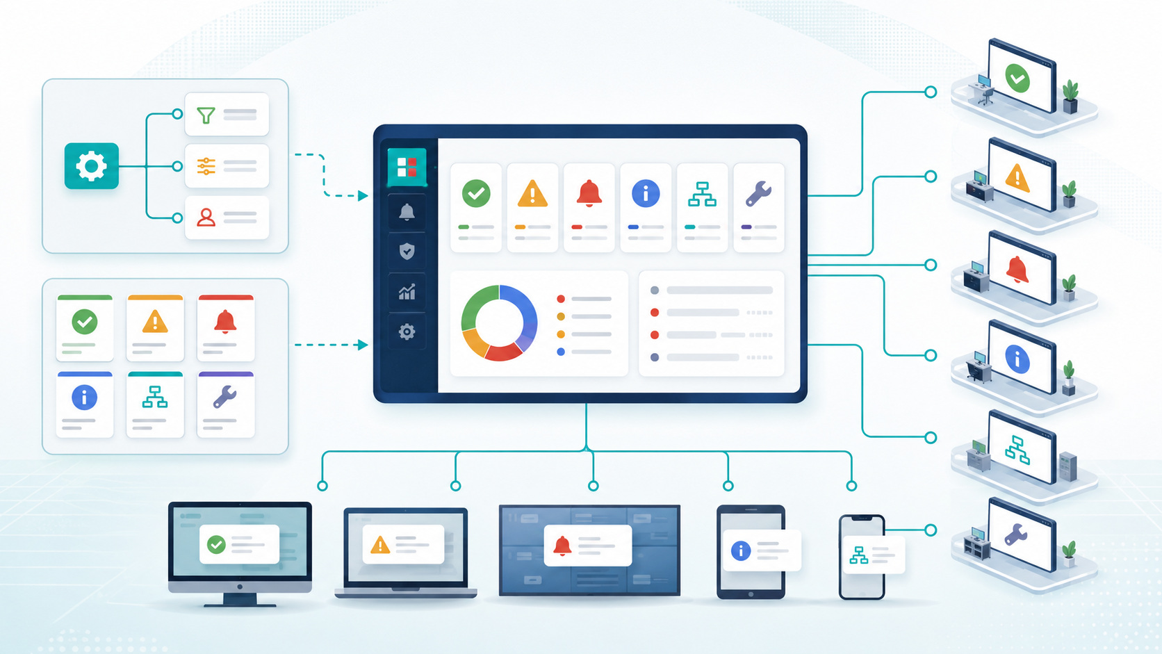 Rule-based alert management with color-coded priorities across multiple screens